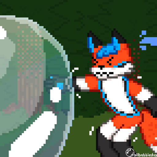 Crirex, an anthropomorphic orange, white, black, and neon blue fox, has gotten his paw stuck in a large soap bubble. He struggles to pull it out, failing with each tug.