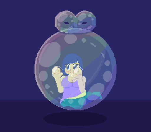 Amora stretches the bubble she's stuck in, a bow made of a bubble topping it.