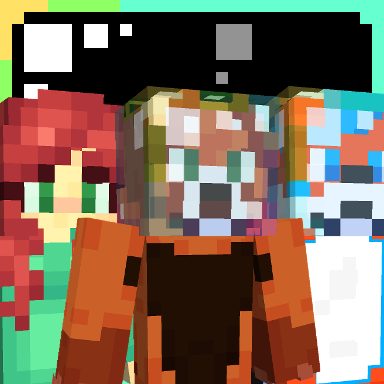 Three Minecraft skins: a girl with red hair and a green shirt, a red panda, and an orange and neon blue fox, the latter two with bubbles on their heads.