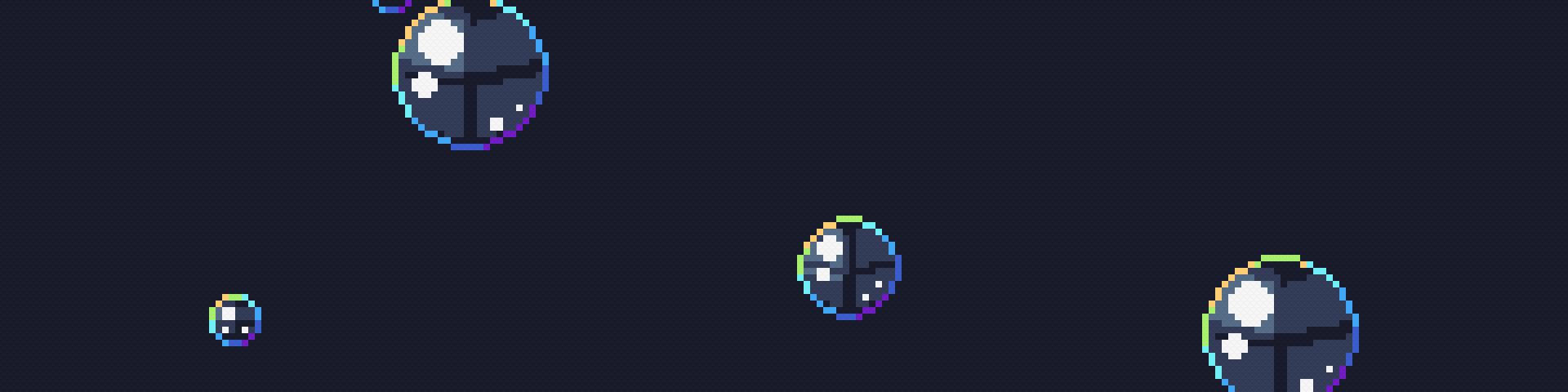 Several pixel art soap bubbles of different sizes fly by