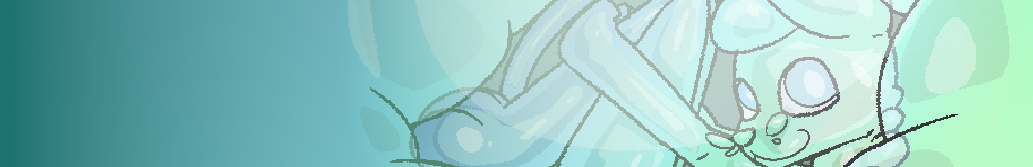 Bubbles stuck curled up inside a wombubble, facing the camera with a smile on their face.