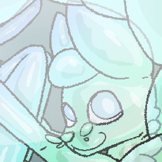 Bubbles stuck curled up inside a wombubble, facing the camera with a smile on their face.