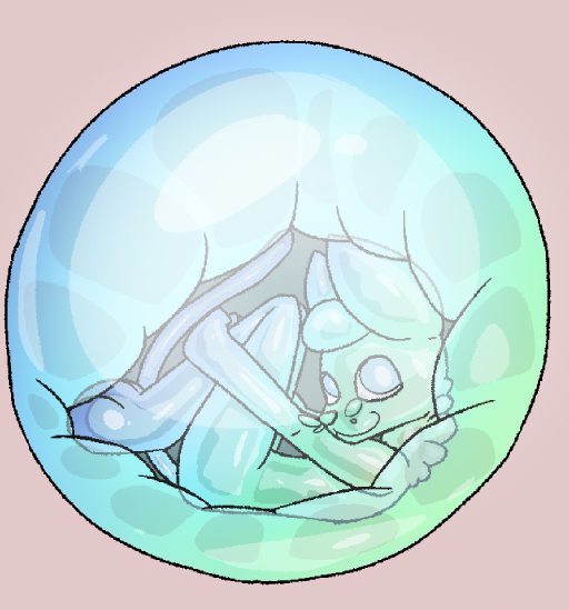 Bubbles stuck curled up inside a wombubble, facing the camera with a smile on their face.