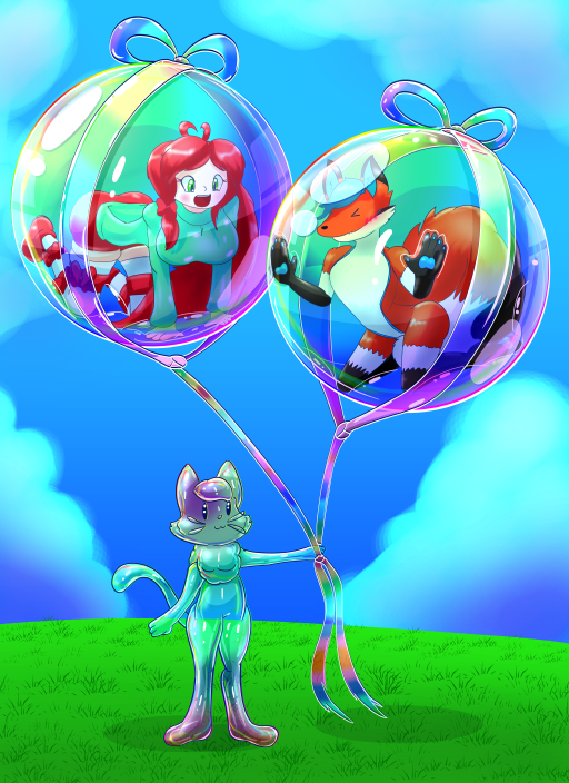 Bubbles holding two bubbles by ribbons made of soap film. Inside the bubbles are Riley and Crirex.